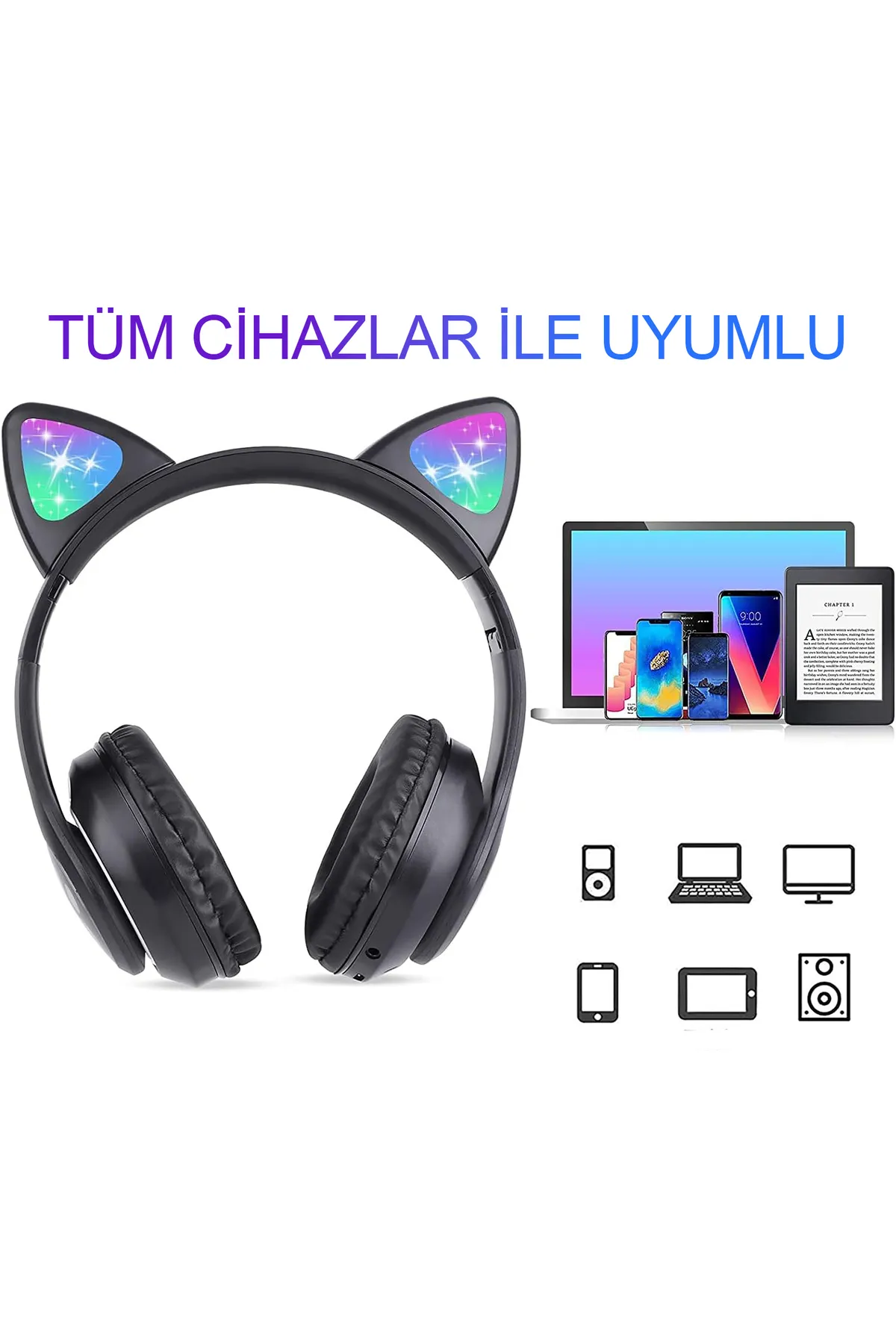 Bilişim Burada Stn 28 Siyah  Bluetooth Mikrofonlu Led Işıklı Hafıza Kartı Girişli Katlanabilir Kulaküstü  Kedi Kulaklık